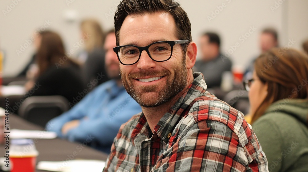 Smiling man in glasses at a conference. Smiling man in glasses at a conference.