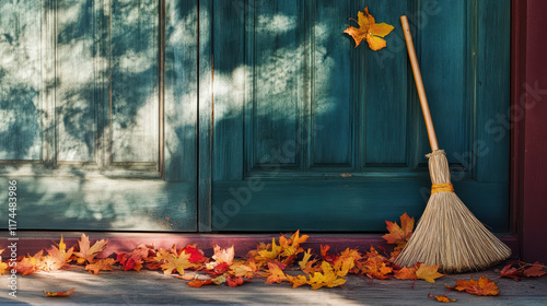 broom rests on porch, surrounded by scattered autumn leaves in vibrant colors. scene captures essence of fall, with warm hues and cozy atmosphere