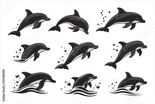 A group of dolphins silhouette that are in the water