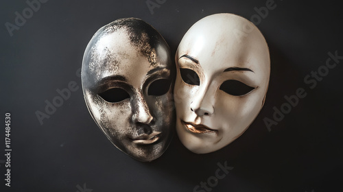 Sad male and female characters hiding faces behind of smiling masks expressing fake positive emotions. Men and women disguising real feelings, bipolar disease, Line art flat vector illustration