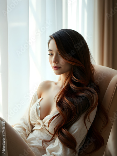 A masterful rendering of grace and serenity, this image highlights a woman with a radiant complexion and intricately detailed ombre hair. The gentle glow of her skin is enhanced by a soft, inviting se photo