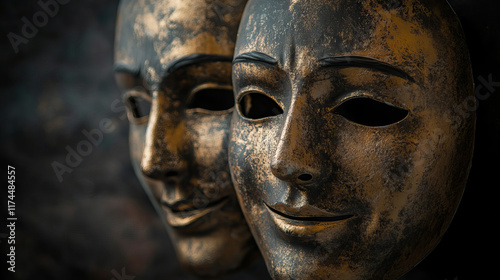 Sad male and female characters hiding faces behind of smiling masks expressing fake positive emotions. Men and women disguising real feelings, bipolar disease, Line art flat vector illustration