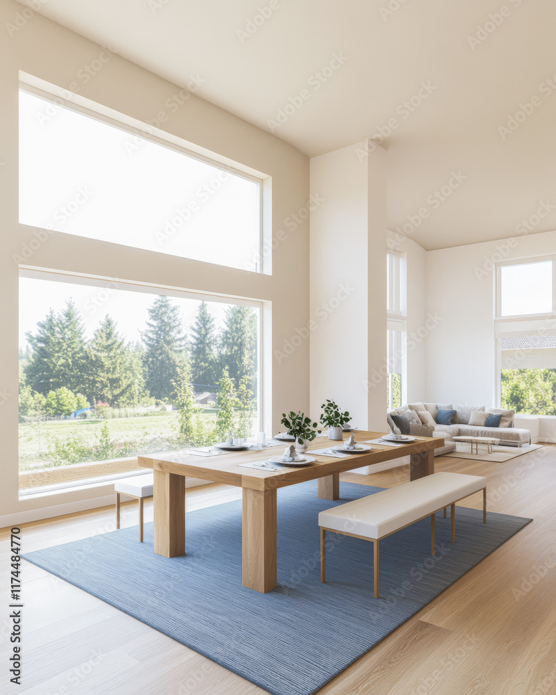 Fototapeta premium Modern dining area with large windows and minimalist design overlooking a serene landscape
