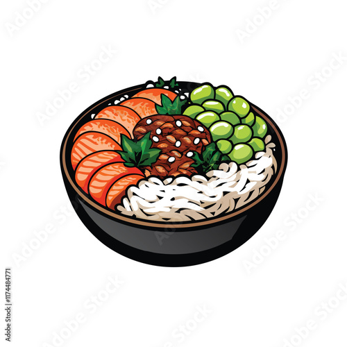 Create a vector illustration of a salmon poke bowl with rice, edamame, avocado, and other toppings.  The bowl should be visually appealing and realistic.