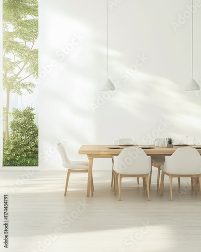 Modern dining room with natural light and greenery view in a contemporary setting