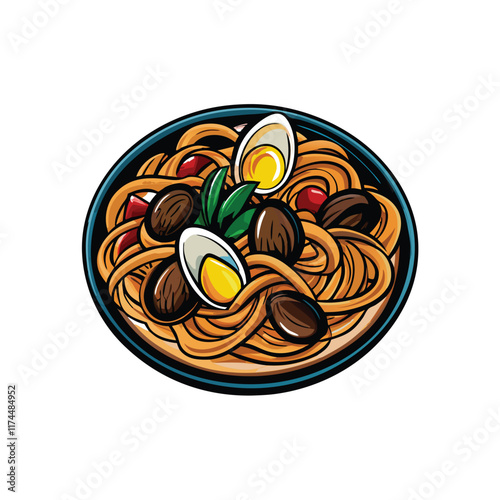 A vibrant vector illustration of a steaming bowl of seafood linguine, featuring plump mussels and succulent scallops, with a splash of sauce and herbs.