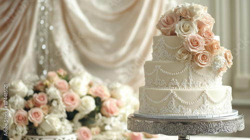 A vintage inspired wedding cake with lace piping, pearl drapes, and pastel colored roses, placed on an antique silver cake stand in a classic banquet hall.