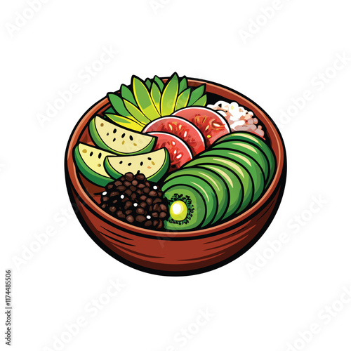 A vibrant vector illustration of a tuna poke bowl with fresh avocado, cucumber, and other ingredients.