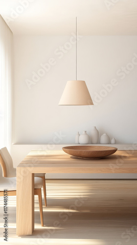 Modern dining area with wooden furniture and minimalistic decor during daylight