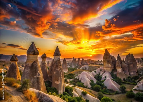 Cappadocia Silhouette: Fairy Chimneys at Sunset, Goreme National Park, Nevsehir, Turkey