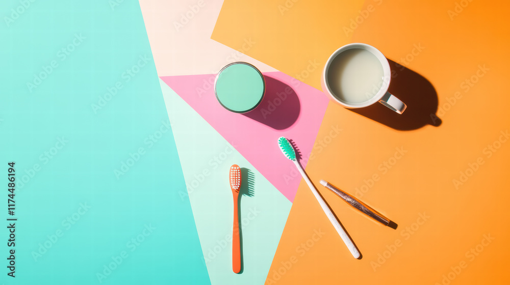 creative flat lay of toothbrushes, cup, and container on colorful geometric backgrounds. This vibrant arrangement showcases dental hygiene essentials in playful manner creative flat lay of toothbrushes, cup, and container on colorful geometric backgrounds. This vibrant arrangement showcases dental hygiene essentials in playful manner