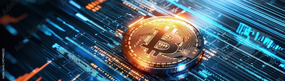 A glowing Bitcoin surrounded by vibrant digital lines, symbolizing cryptocurrency technology and blockchain innovation.