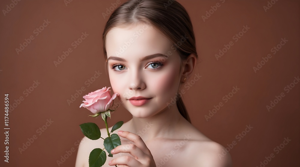 Portrait of a Beautiful Girl with a Delicate Pink Rose: A Captivating Studio Shot Portrait of a Beautiful Girl with a Delicate Pink Rose: A Captivating Studio Shot