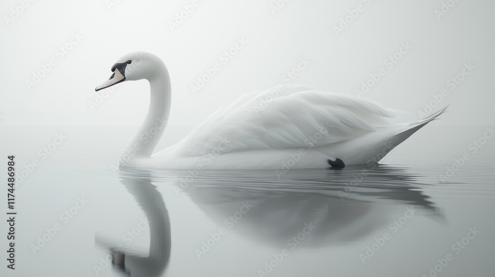 Fototapeta premium Elegant white swan gracefully gliding on calm, misty water, its reflection mirroring serenity.