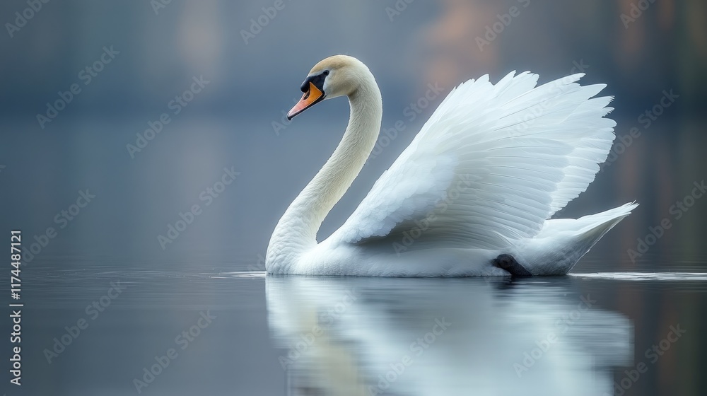 Fototapeta premium Majestic swan gracefully gliding on serene water, wings partially spread, reflecting in calm surface.