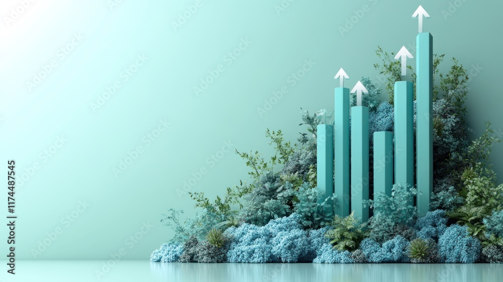 Teal growth chart rising amidst lush greenery on a light green background. Teal growth chart rising amidst lush greenery on a light green background.