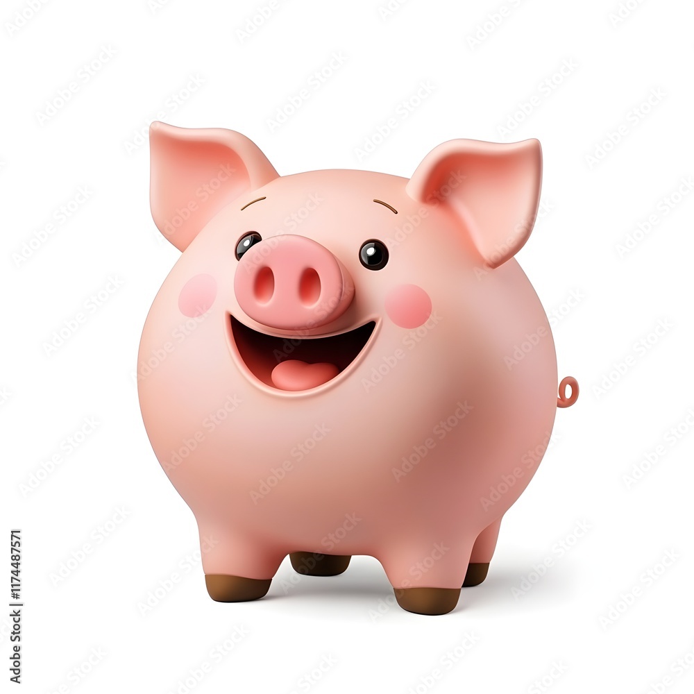 Smiling Cute Pink Pig Character with Big Eyes and Blush Cheeks, 3D Illustration of Happy Cartoon Animal with a Playful Expression on a White Background Smiling Cute Pink Pig Character with Big Eyes and Blush Cheeks, 3D Illustration of Happy Cartoon Animal with a Playful Expression on a White Background