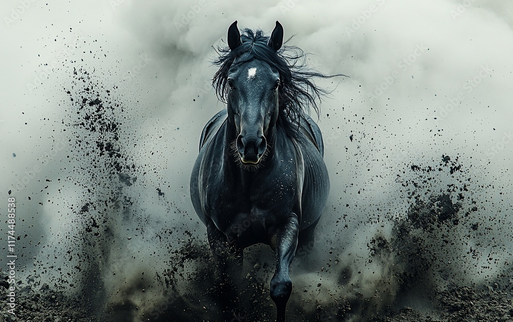 Obraz premium Majestic black horse running, kicking up dust and dirt.