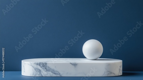 Close-up of a minimalistic white marble podium with geometric shapes, spheres on a blue background for a product demonstration with copy space. photo