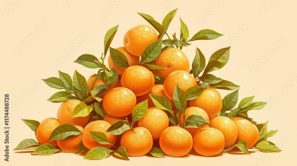 A vibrant pile of fresh oranges surrounded by green leaves against a soft yellow background, showcasing their bright color and natural appeal. A vibrant pile of fresh oranges surrounded by green leaves against a soft yellow background, showcasing their bright color and natural appeal.