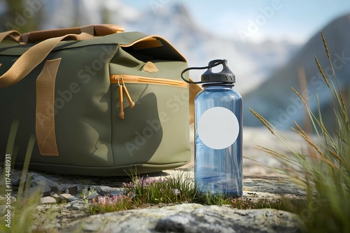 A water bottle with blank circular sticker mockup is attached along with a travel bag photo