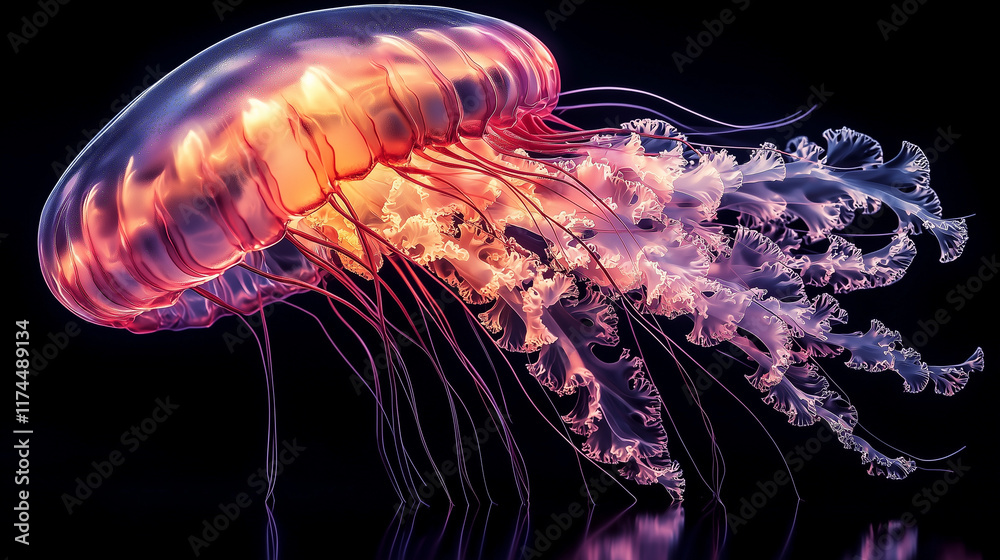 Glowing bioluminescent jellyfish floating in dark ocean waters with vibrant neon hues Glowing bioluminescent jellyfish floating in dark ocean waters with vibrant neon hues