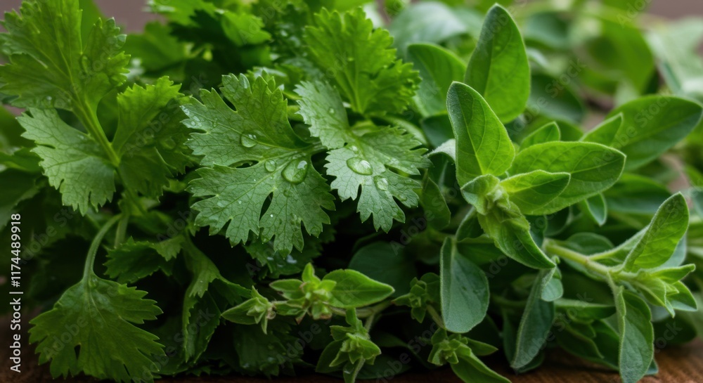 Fresh Herbs Bundle: Cilantro and Oregano on a Wooden Table | Close-Up of Culinary Ingredients for Cooking and Food Photography Fresh Herbs Bundle: Cilantro and Oregano on a Wooden Table | Close-Up of Culinary Ingredients for Cooking and Food Photography