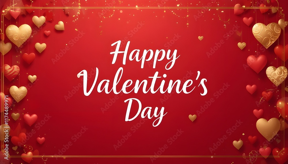 Naklejka premium Celebrating Valentine's Day with warm wishes. The artwork showcases a vibrant red background embellished with a garland of gold and red hearts, ideal for use in postcards, invitations, and banners