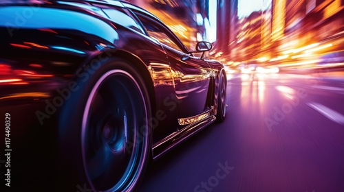 close up of fast car racing through the city photo