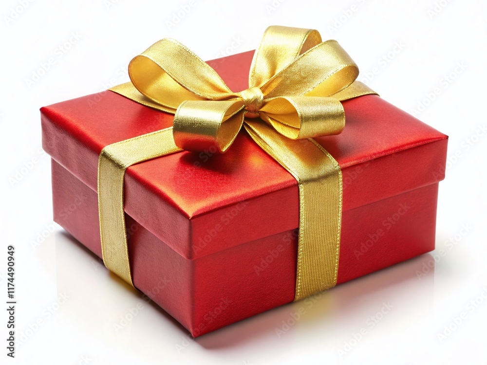 Fototapeta premium Classic Red Gift Box with Gold Ribbon, Isolated on White Background - Perfect for Holiday Designs