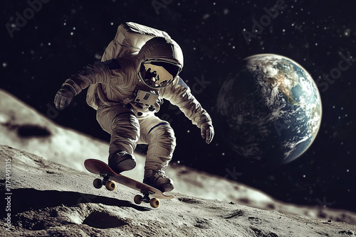 An astronaut performs an impressive skateboard trick on the moon's surface, under the vast starscape, with Earth visibly shining in the background, symbolizing human creativity, freedom, and extraterr
