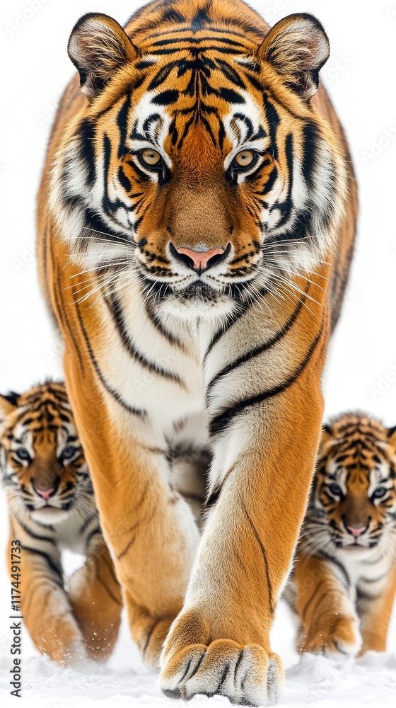 Obraz premium A majestic tiger leads two cubs through a snowy landscape, showcasing strength and family bonds.