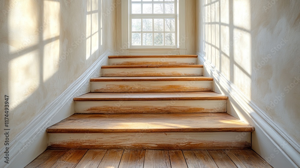 Fototapeta premium Sunlit wooden staircase in hallway with window.