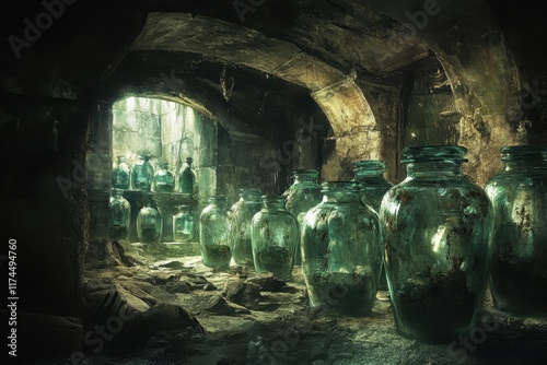 Ancient Green Glass Jars In A Dark Cellar photo