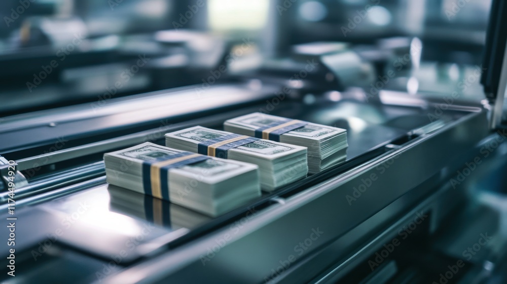 Fototapeta premium A close-up shot of a modern banknote counting machine in action, with freshly stacked bills being processed, showcasing the machine sleek design and precision. -