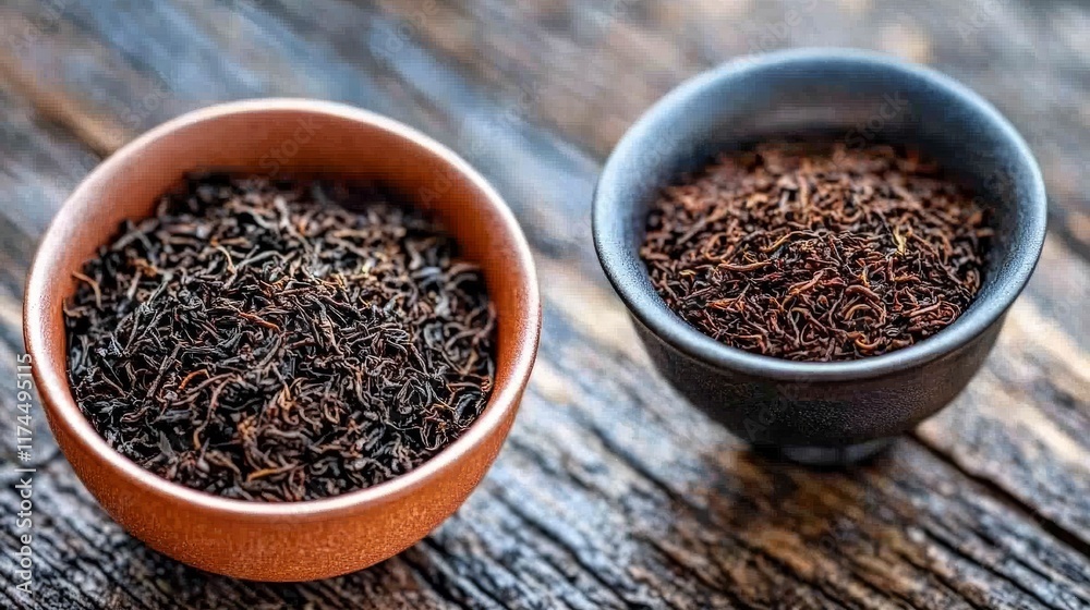 Black Tea: A close-up of two ceramic bowls filled with loose black tea leaves, showcasing the rich, dark hues and intricate texture of the tea. The bowls are placed on a rustic wooden surface. Black Tea: A close-up of two ceramic bowls filled with loose black tea leaves, showcasing the rich, dark hues and intricate texture of the tea. The bowls are placed on a rustic wooden surface.