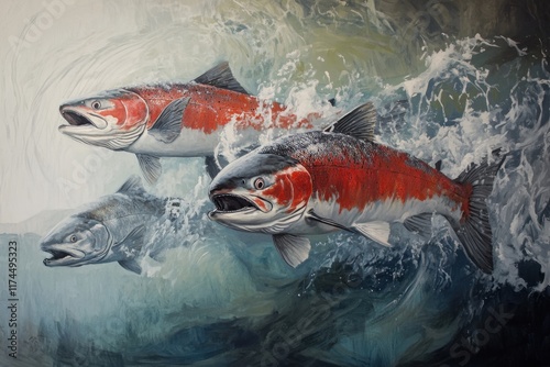 Three Salmon Leap Upstream Through Rushing Water