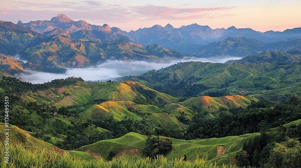 Fototapeta premium Sunrise over misty mountain range and terraced hills.