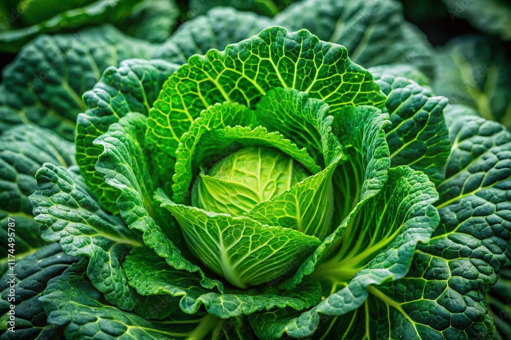 Fototapeta premium Close-up of Fresh Green Cabbage Leaves, Organic Vegetable Texture