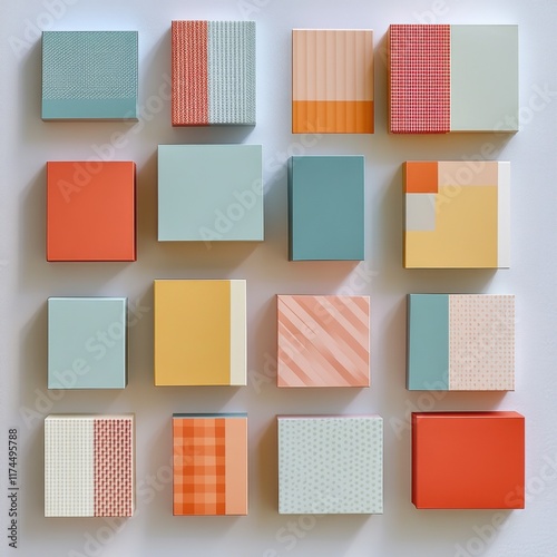 A minimalist composition of diffrent size such as rectangle small and bog paper boxes arranged in a grid. side angle view. 
