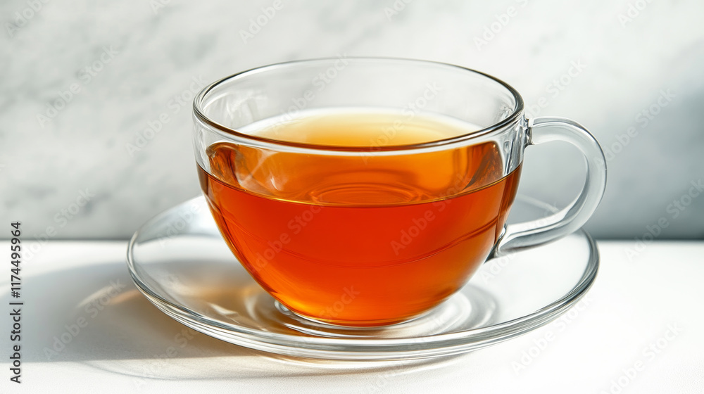 A Cup of Tranquility: A steaming cup of tea in a clear glass mug, resting on a saucer, promises a moment of calm and relaxation. The warm amber hue of the tea suggests comfort and a peaceful escape. A Cup of Tranquility: A steaming cup of tea in a clear glass mug, resting on a saucer, promises a moment of calm and relaxation. The warm amber hue of the tea suggests comfort and a peaceful escape.
