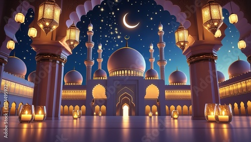 A Serene and Vibrant Welcome Ramadan Mubarak Design.

 photo