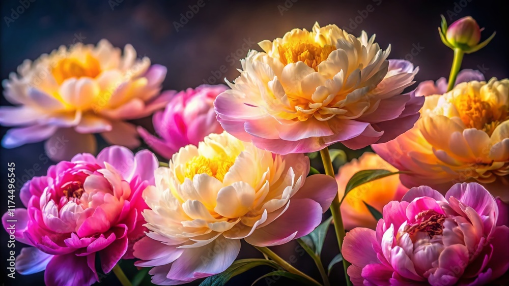 Obraz premium Close-up of Pink, Yellow & White Peonies in Low Light - Soft Floral Photography