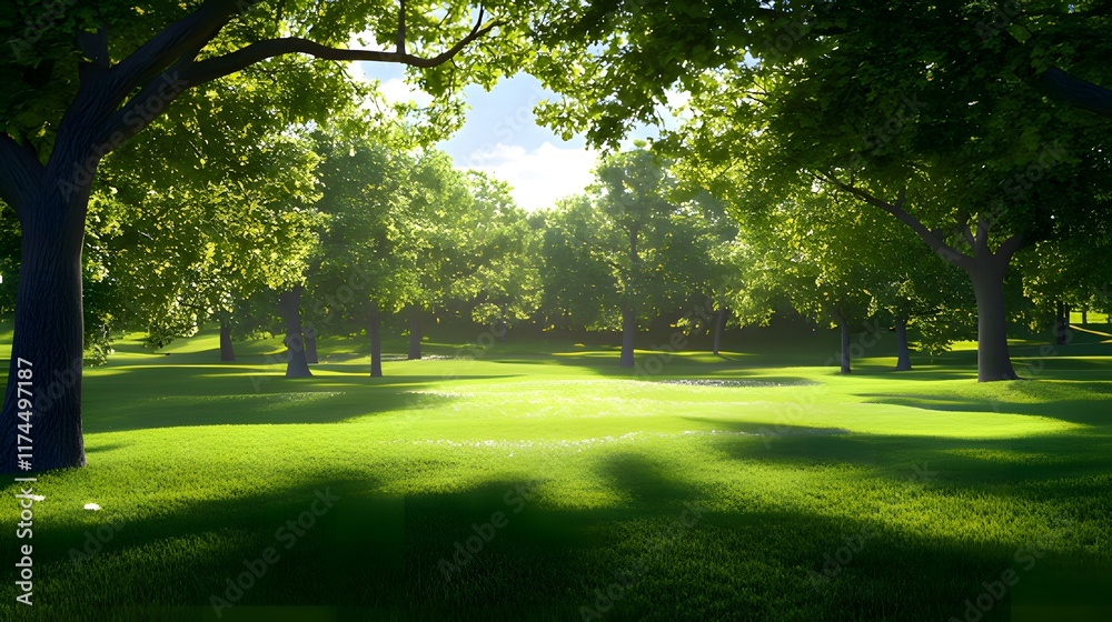 Fototapeta premium A serene landscape featuring lush green grass and trees under a bright sky.