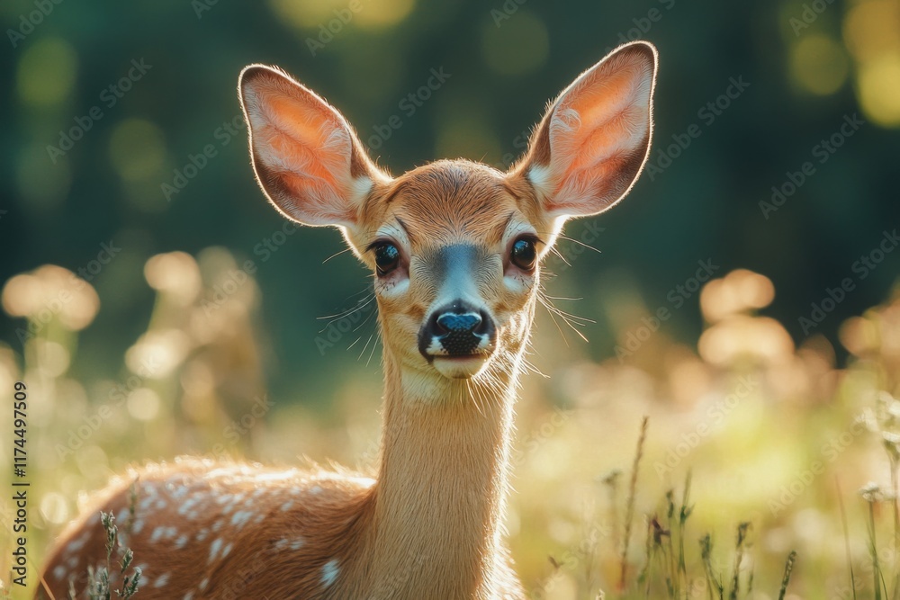 Closeup of a fawn standing in a sunny meadow Closeup of a fawn standing in a sunny meadow