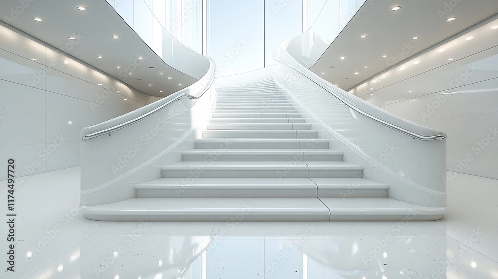 Obraz premium Modern white curved staircase in a bright minimalist building.