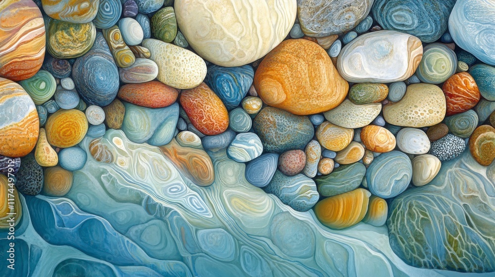 A Colorful Collection of Smooth Pebbles by a Tranquil Shore, Showcasing Vibrant Patterns and Textures Under Clear Blue Water A Colorful Collection of Smooth Pebbles by a Tranquil Shore, Showcasing Vibrant Patterns and Textures Under Clear Blue Water