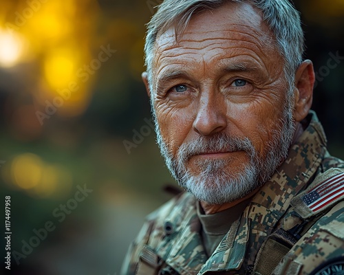 Proud and Reflective Retired Soldier in Military Uniform with Honor and Dignity photo