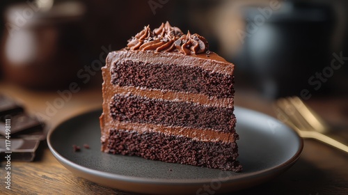 A slice of homemade chocolate cake on a plate, with a focus on its rich texture and layers. 