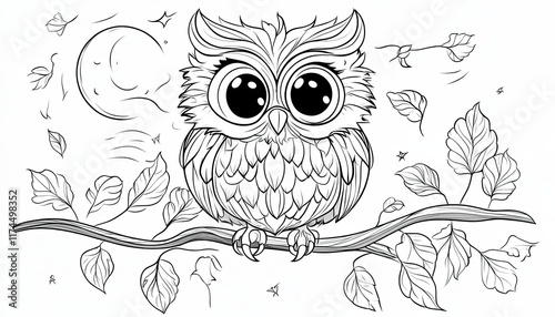 A cute owl perched on a branch with leaves under a crescent moon. Perfect for coloring books or children's illustrations. photo